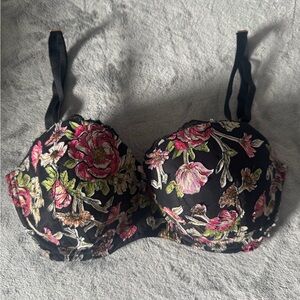 Victoria Secret Black Bra with Pink Floral Embroidery
